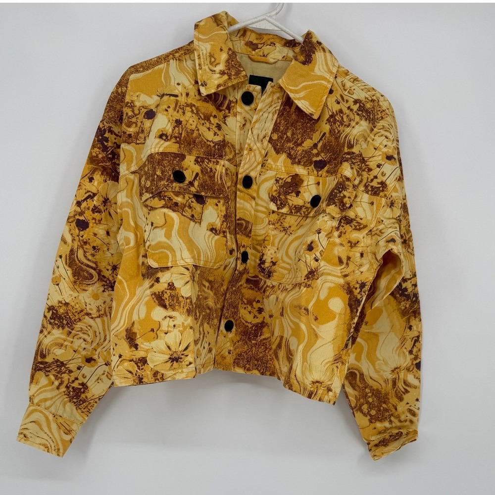 Wild Fable Yellow Brown Abstract Floral Swirl Print Cropped Trucker Jacket Small